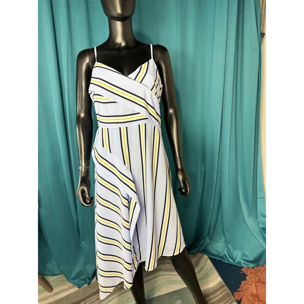 Banana Republic Dress Petite 10 Blue Yellow Black Striped Sleeveless Asymmetric - Picture 4 of 10